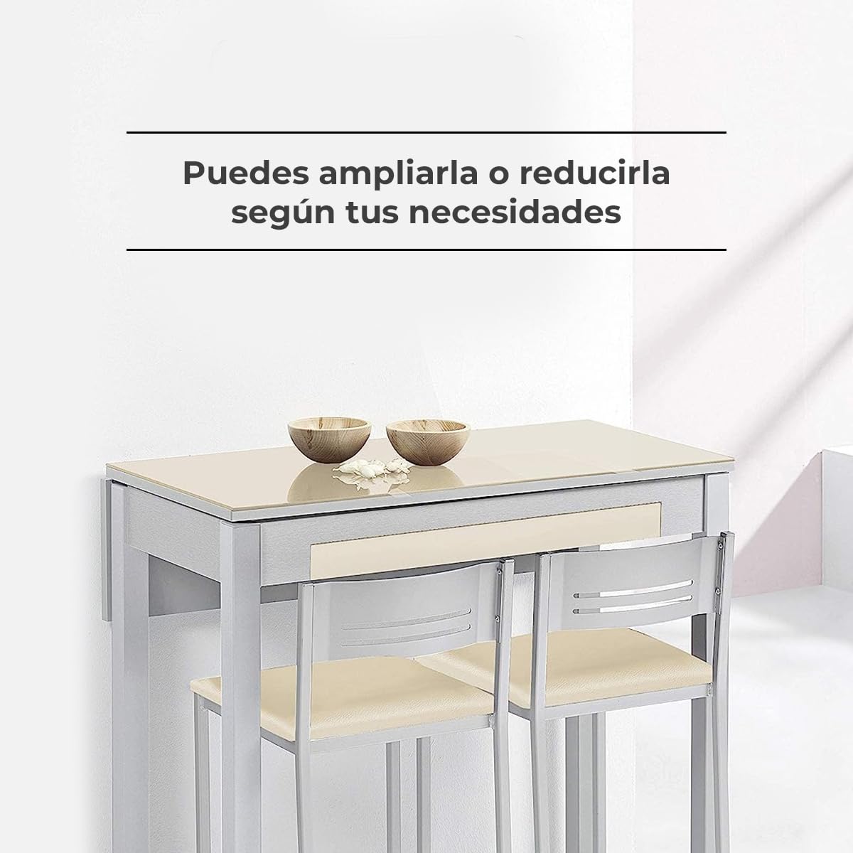 Mesa de Cocina Extensible 1 ala caída - 80x40 cm (80x60 cm) - Estructura y ala caída Color Aluminio - Tapa Cristal Color Beige