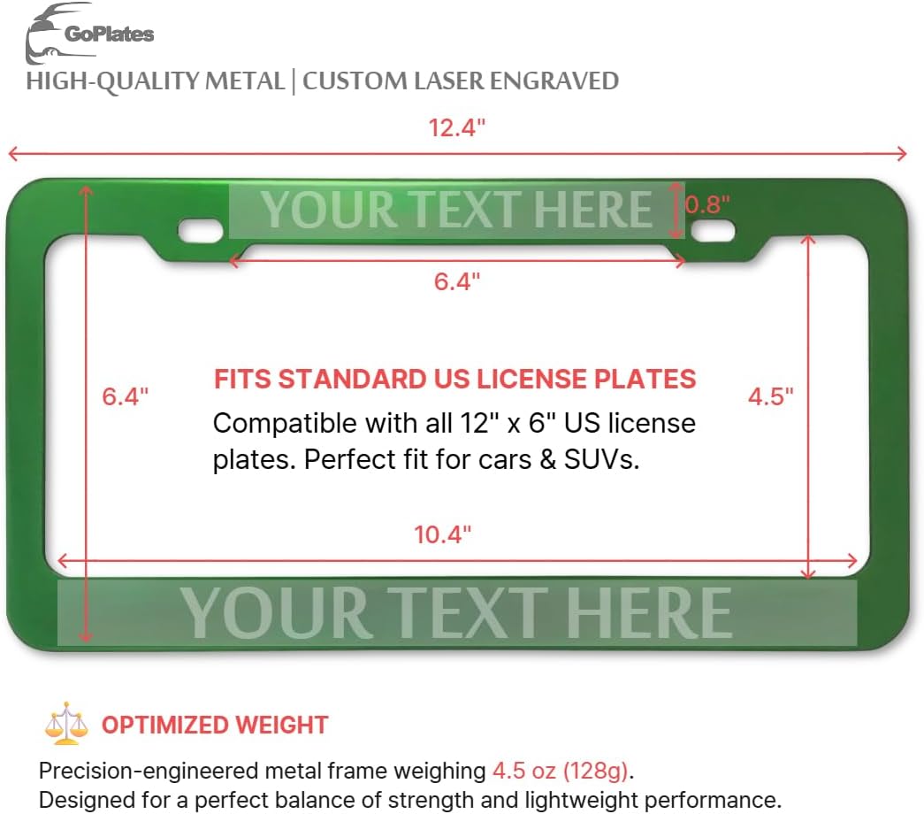 GoPlates Custom License Plate Frame - Laser Engraved Personalization - Fits Standard US Plates - - Ideal Gift Idea - 1-2 Day Production - Unique Car Accessory - Green