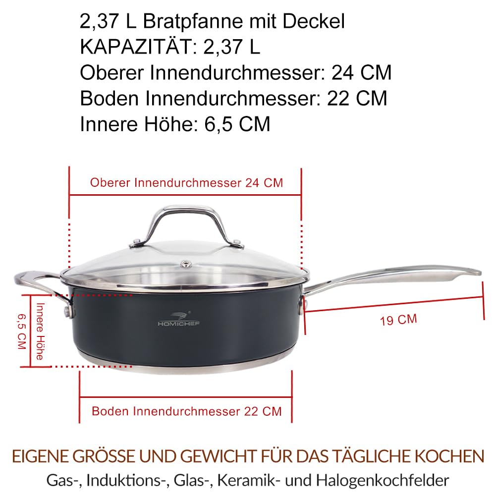 HOMICHEF 24 cm marinegraue, nickelfreie Sautierpfanne aus Edelstahl mit Deckel für Induktion – Hochwertige matt polierte Edelstahlpfanne mit Glasdeckel – 2,36 L ungiftiges Kochgeschirr