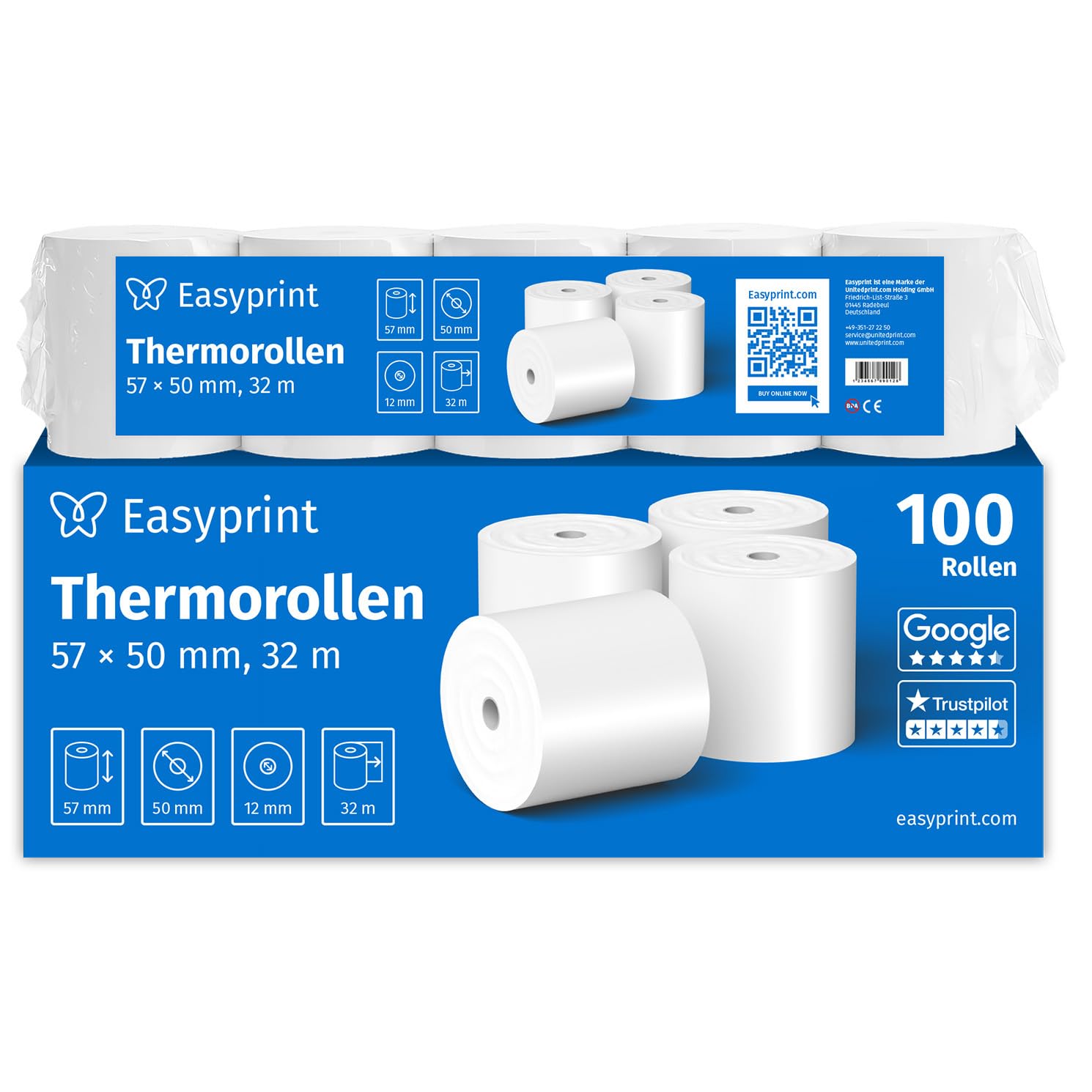Nowość: Easyprint rolki termiczne/rolki kasowe, 100 rolek, 57 mm x 50 mm x 12 mm, 32 m, certyfikat PEFC, certyfikat środowiskowy, do EPSON, IBM i wielu innych.