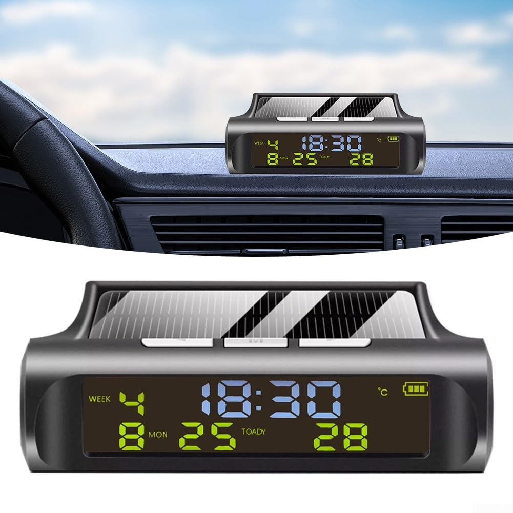 Termómetro digital para coche, reloj solar para coche, termómetro digital, pantalla automática, soporte para tablero de instrumentos para oficina, uso doméstico, color negro