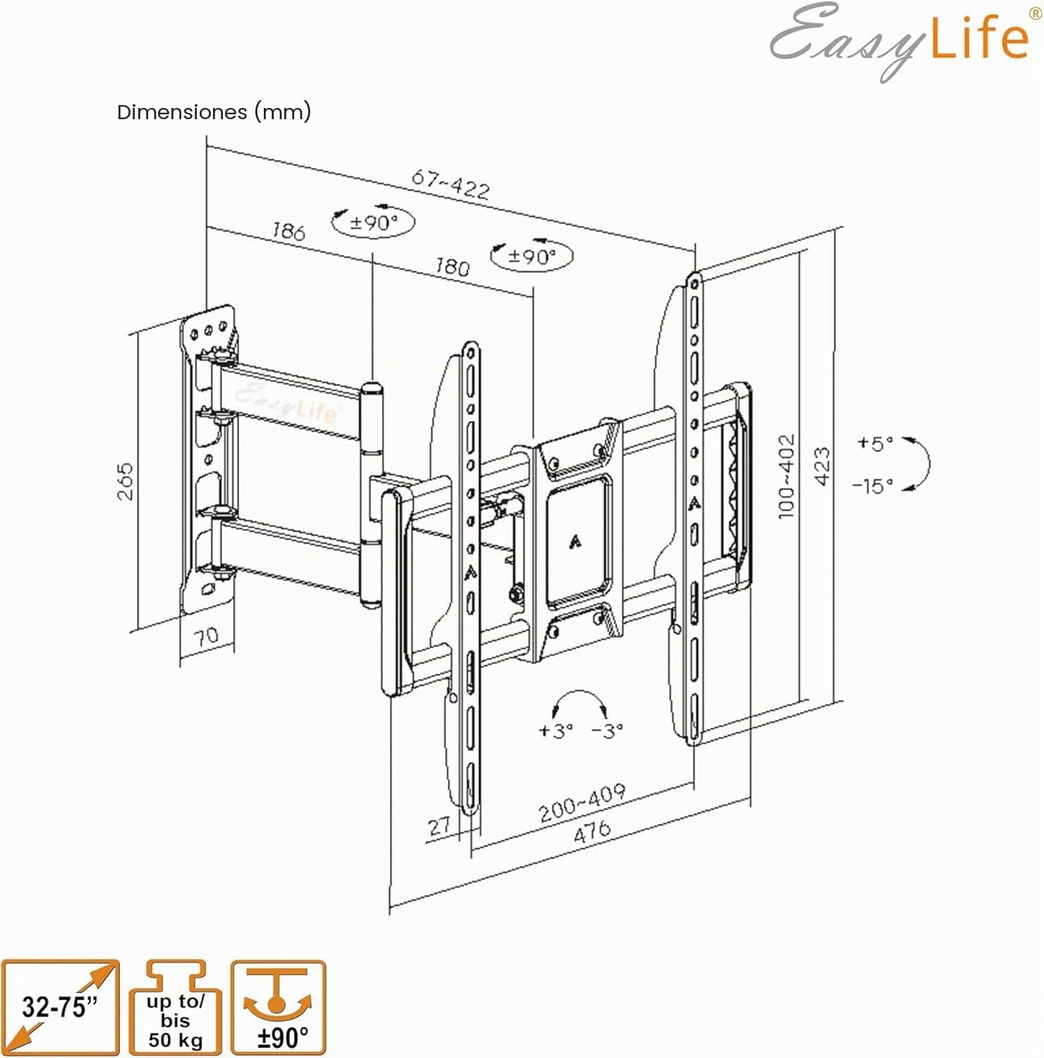 EasyLife ProMount HD75 Compact Soporte de Pared para TV Televisores de 32 a 75 Pulgadas Hasta 50KG, VESA 600x400mm – Diseño de un Solo Brazo, Giratorio e Inclinable para LED, LCD con Gestión de Cables