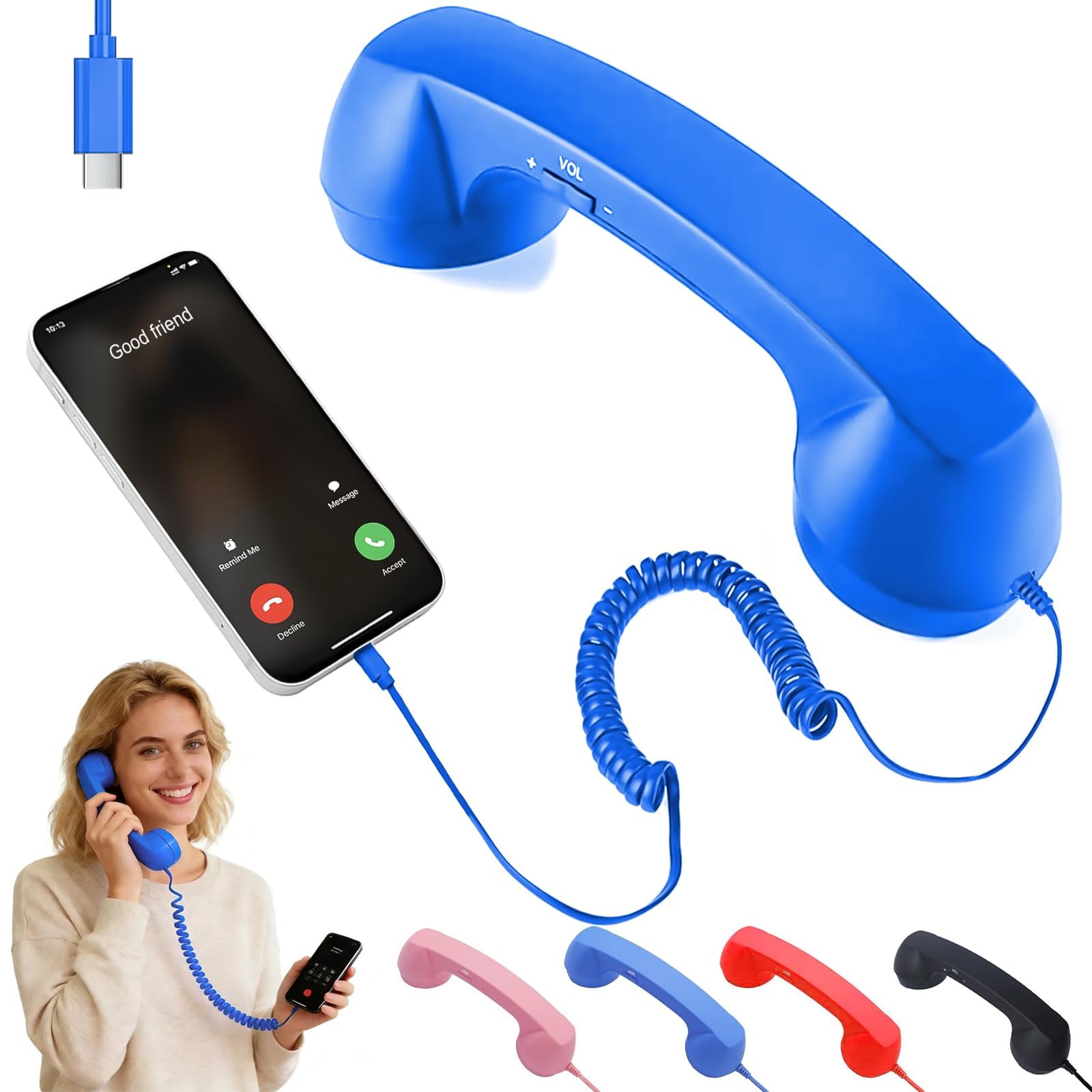 Retro Handset for Mobile Phones – Classic Wired Phone Handset with Type-C Connector, Vintage Landline for iPhone, Android, Smartphone, Call Receiver, Comfortable Grip, Stylish Phone Accessory (Blue)-image-44