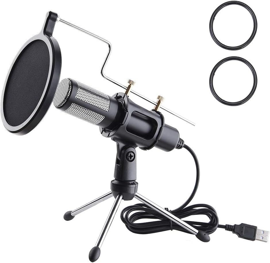 Condenser USB Microphone with Foldable Tripod Stand Dual-Layer Anti-Spray Cover for Game Chat Skype YouTube Studio Audio Recording Laptop Computer