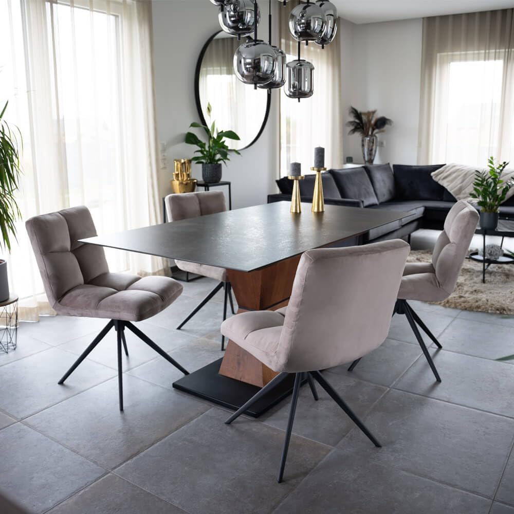 Home Deluxe - Esszimmerstuhl NODA - 6er Set, Farbe: Samt Hellbraun - 360 Grad drehbar, weiche Polsterung, bis 120 kg belastbar I Küchenstuhl Speisestühle Esszimmerstühle