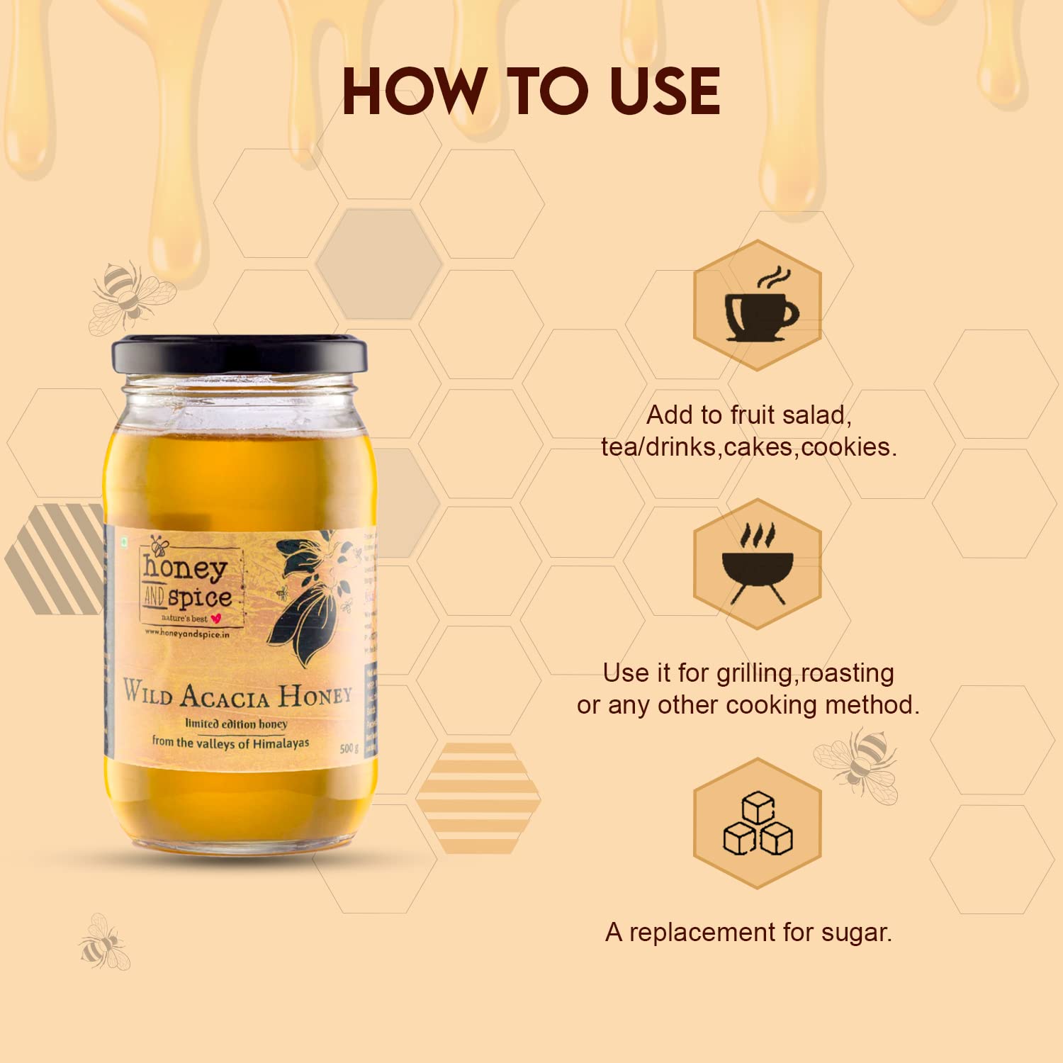 Honey and Spice Wild Acacia Honey from the Valleys of Himalayas with No Added Sugar & Preservatives 500 Gm