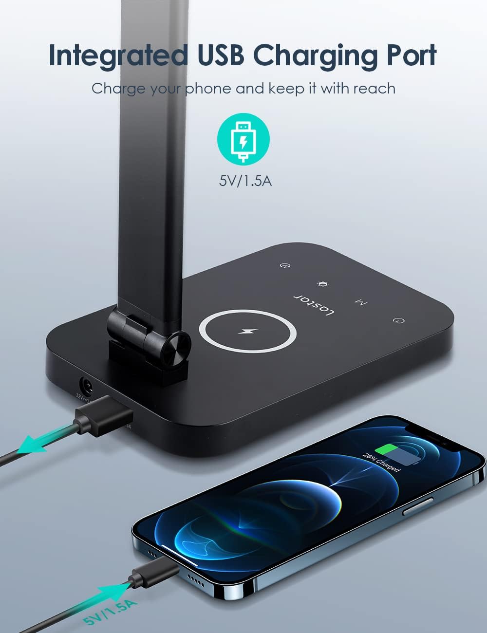 Smartphone connected to the USB charging port of the LASTAR LED Desk Lamp