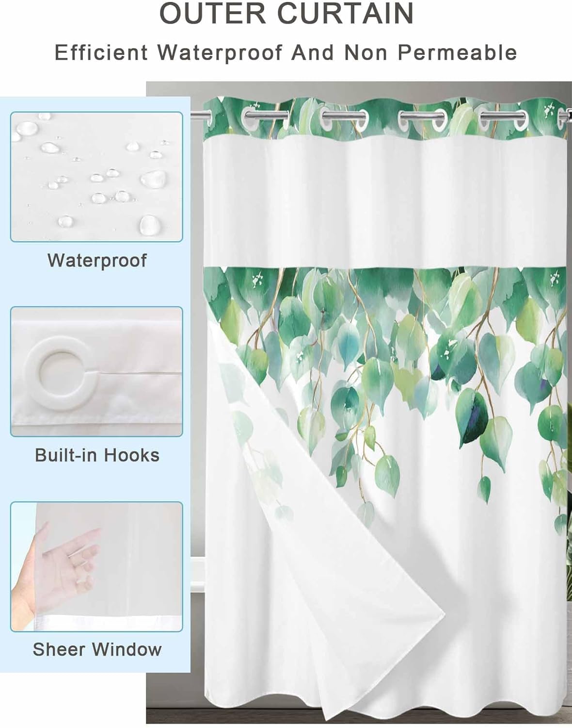 No Hook Shower Curtain with Snap in Liner, Farm Green Eucalyptus Leaves on White Waterproof Bath Curtain Double Layers with See Through Top Window, Summer Botanical Hotel Shower Curtains 72x72IN