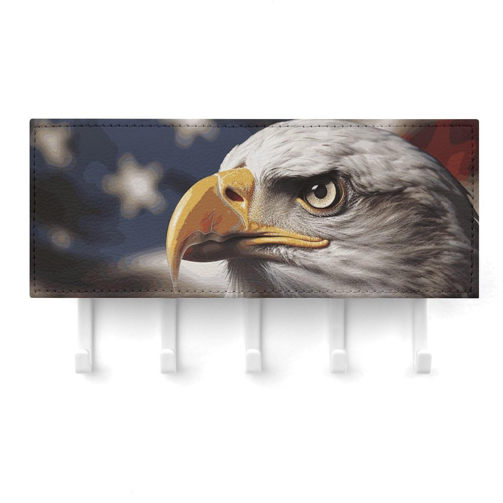 QMNLKH Bald Eagle US Flag Pictures Wall Mounted Key Rack for Home, No Drilling Key Holder with 5 Hooks, Self Adhesive Keys Chain Organizer for Hallway, Keys Hanger Shelf for Office, Doorway White