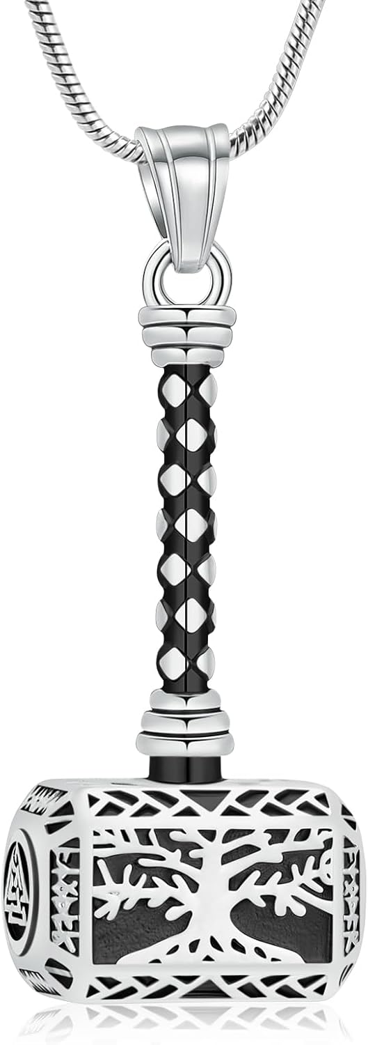 zeqingjw Mjolnir Thors Hammer Cremation Jewelry for Ashes Tree of Life Urn Necklaces for Ashes Holder Keepsake Memorial Ashes Pendant for Men Women