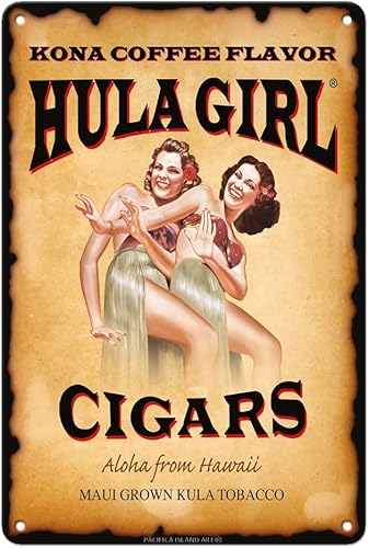 Pacifica Island Art Hula Girl Cigars - Aloha de Hawaii - Sabor Kona Coffee - Etiqueta de cigarro vintage c.2000-8 x 12 pulgadas