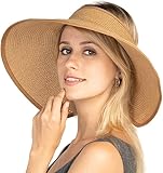 Women Sun Visors Foldable Straw Hats Summer Beach Packable Hat Floppy Wide Brim Cap Big Heads Sombrero (Khaki)