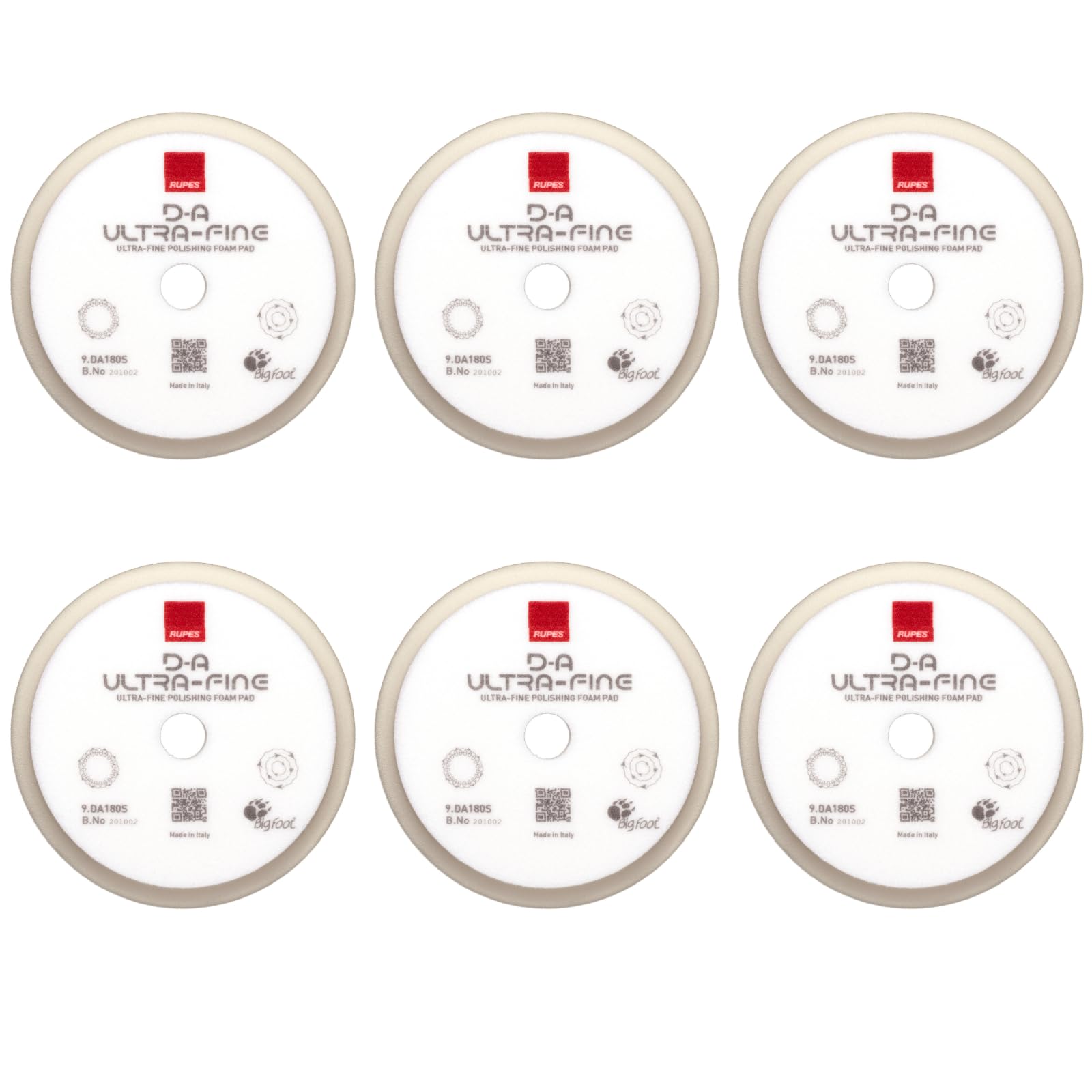 RUPES 9.DA180S Pack of 6 White D-A Ultra-Fine Polishing Foam Pads 180mm | Ideal for Paint Correction &amp; Gloss Enhancement | Extremely Fine Defect Removal | Compatible with 6" Backing Plate