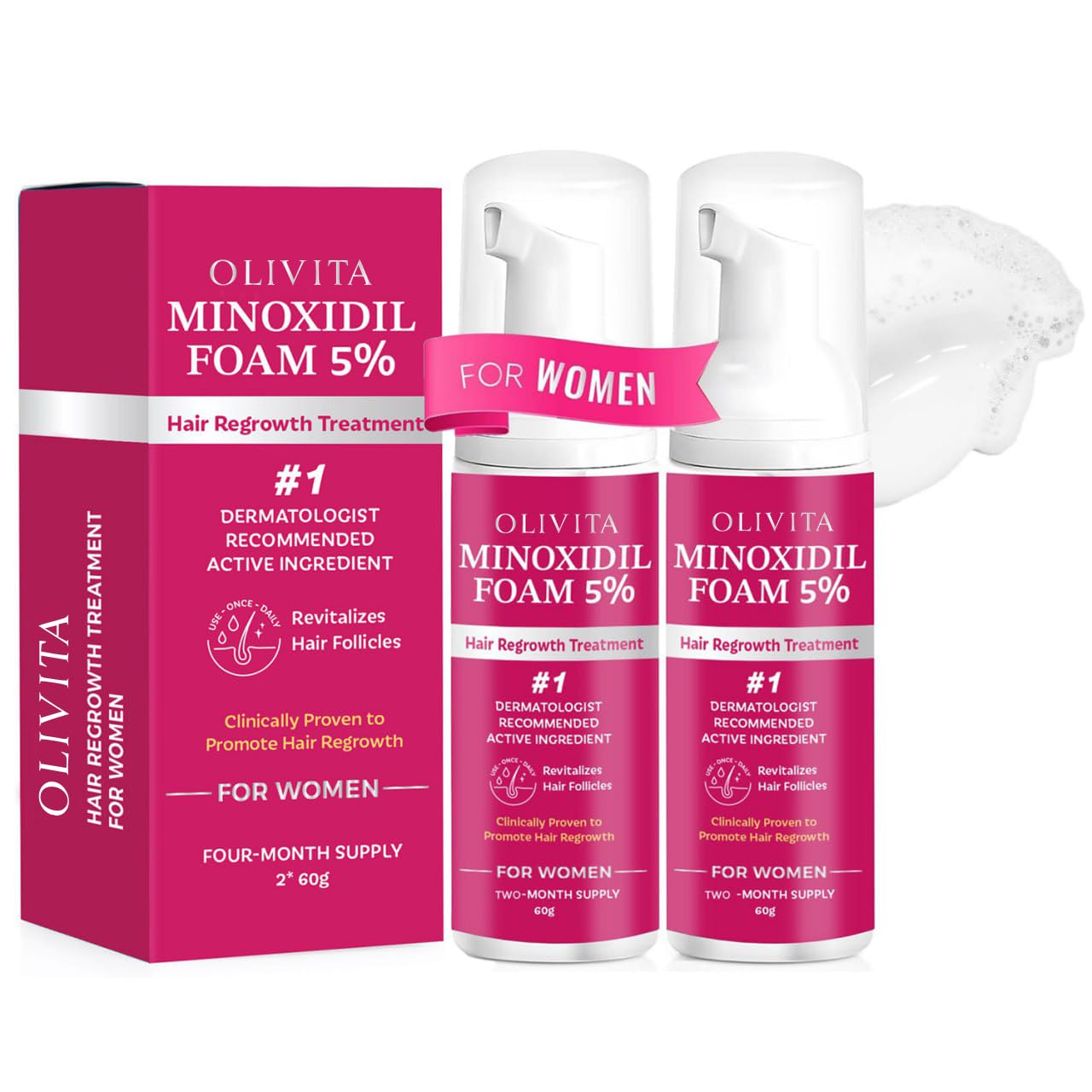 5% Minoxidil Foam for Women Hair Growth: Extra Strength Hair Regrowth Treatment – Revitalize Hair Follicles & Regrow Thicker, Fuller Hair – Hair Loss Solution 2 Fl Oz (Pack of 2)