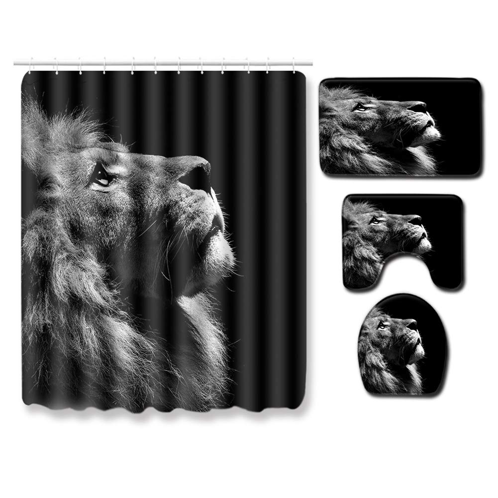 BOYOUTH 4Pcs Lion Pattern Digital Print Shower Curtains Sets with Bath Mat,Contour Rug,Toilet Lid Cover for Bathroom Decor