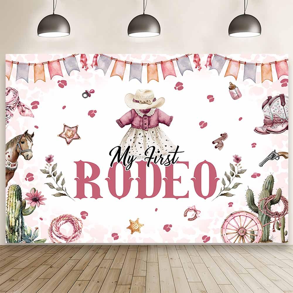 MEHOFOND 7x5ft My First Rodeo Backdrop Western Cowgirl 1st Birthday Photography Background Pink Wild West Cactus Girl First Birthday Party Decor