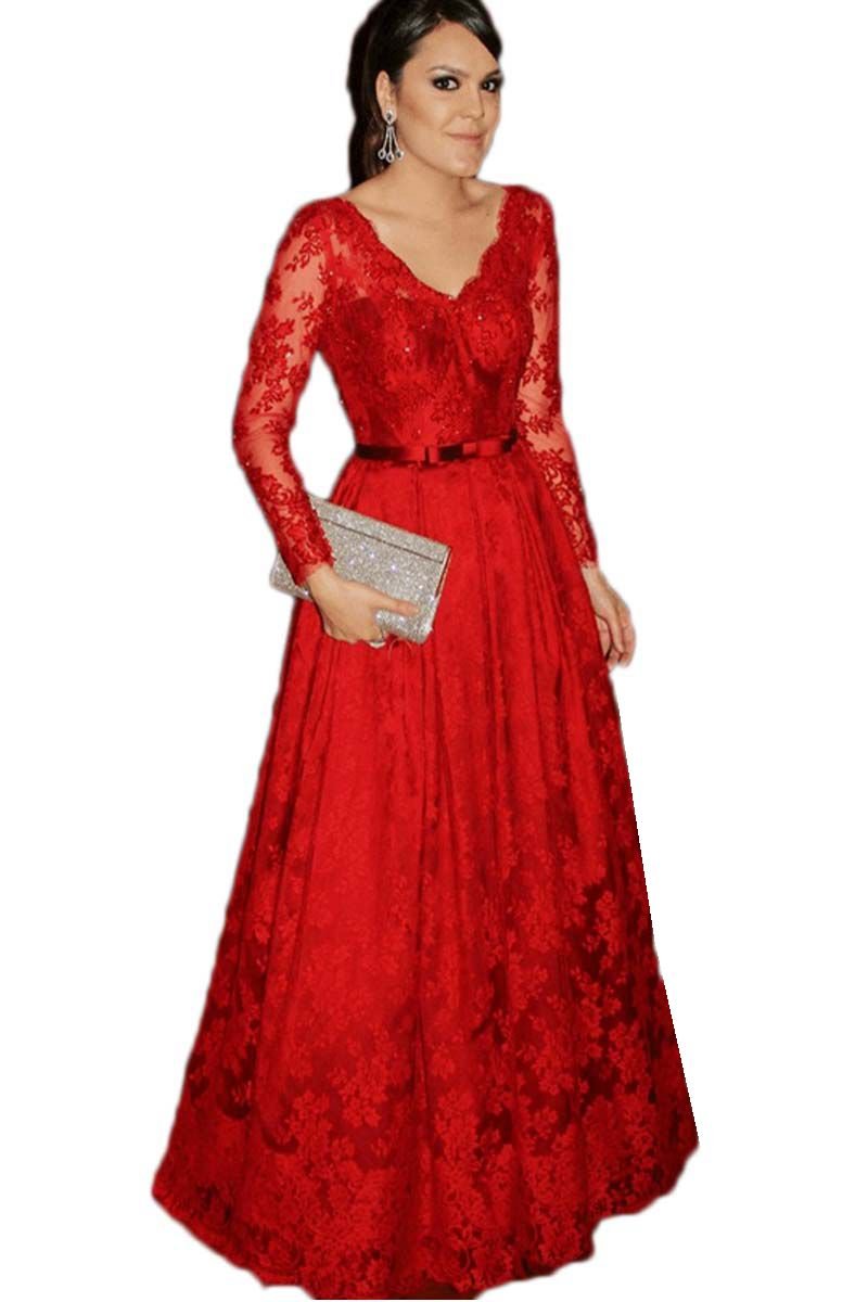 Elegant V-Neck Lace Applique Prom Dress Belt Long Sleeves Evening Dress Formal Gowns