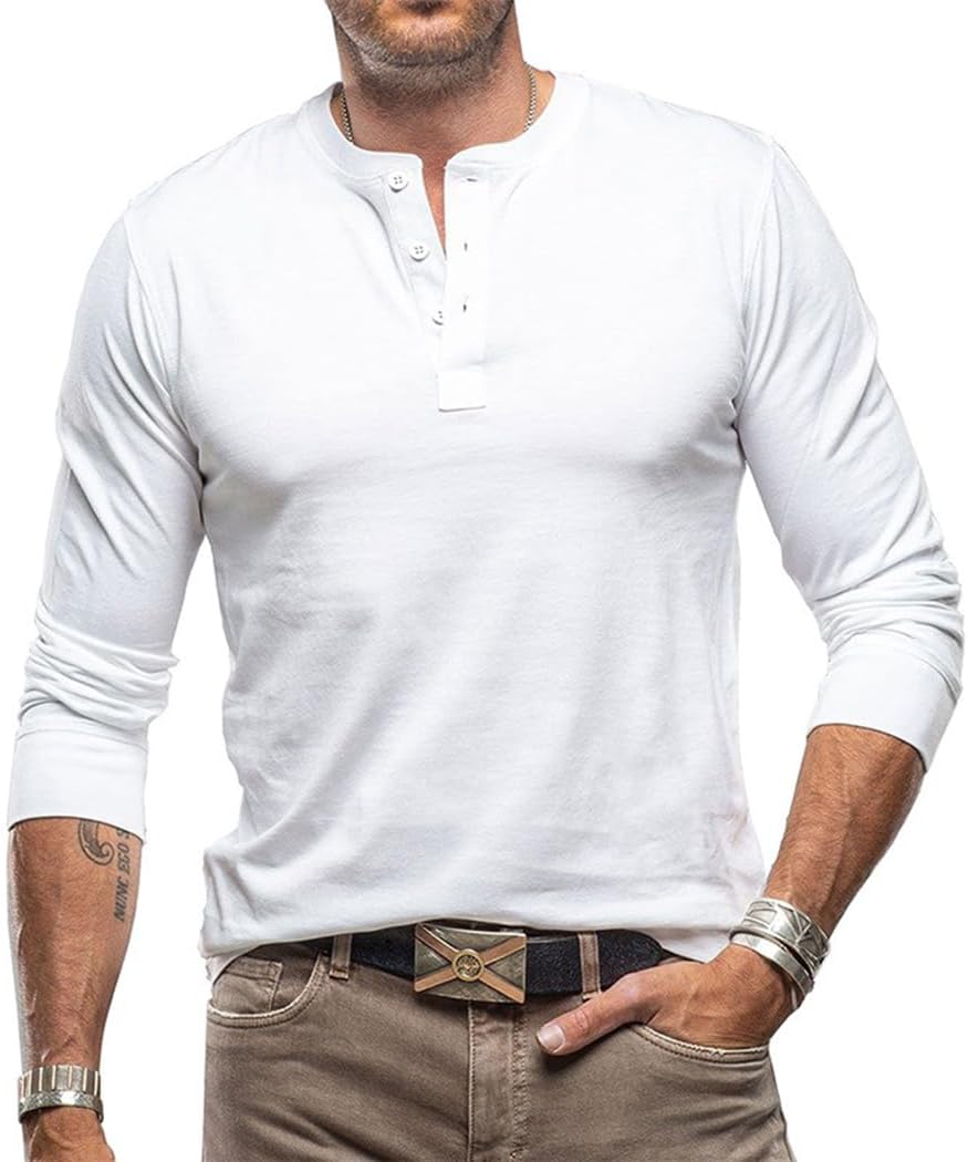 COOFANDY T-shirt met lange mouwen voor heren, casual, lange mouwen, henley, effen, licht, Henley-top met ronde hals, 3 knopen, Wit, XL