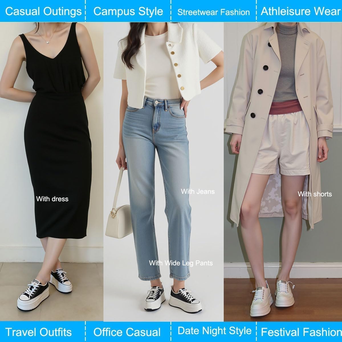 4 inch White Platform Sneakers for Women - Chunky Non Slip Sole Slip On Casual Shoes Women’s Fashion Sneakers with 7cm Platform & 2cm Hidden Heel Walking Shoes (White/Black) - Image 5