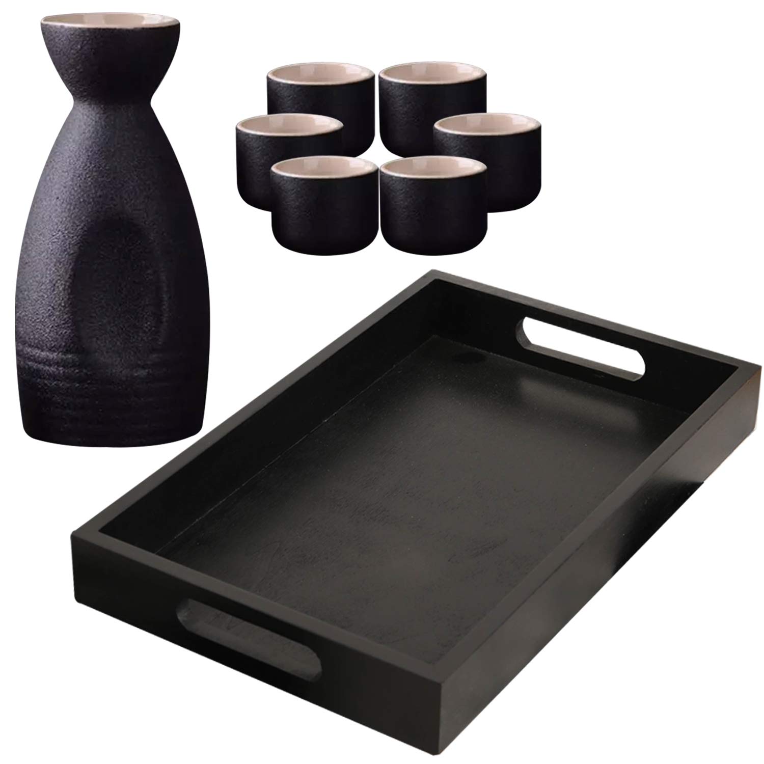BRM Sake Set – 7 Pcs Ceramic Carafe with Cup – Serving Set with Sake Glasses – Elegant and Minimalist Design – Durable and Easy to Wash – Ideal for Friends and Family (Black Round W/Black Tray)