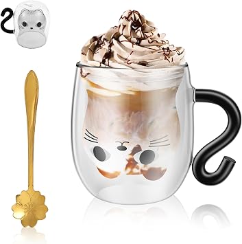 Cute Cat Mug Double Walled Glass Mugs with Spoon, 250ml Cat Coffee Mug with Handle Insulated Espresso Milk Tea Cup, Birthday Christmas Valentines Mothers Day Gifts for Women Children Mum Girlfriend