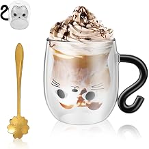 Cute Cat Mug Double Walled Glass Mugs with Spoon, 250ml Cat Coffee Mug with Handle Insulated Espresso Milk Tea Cup, Birthday Christmas Valentines Mothers Day Gifts for Women Children Mum Girlfriend
