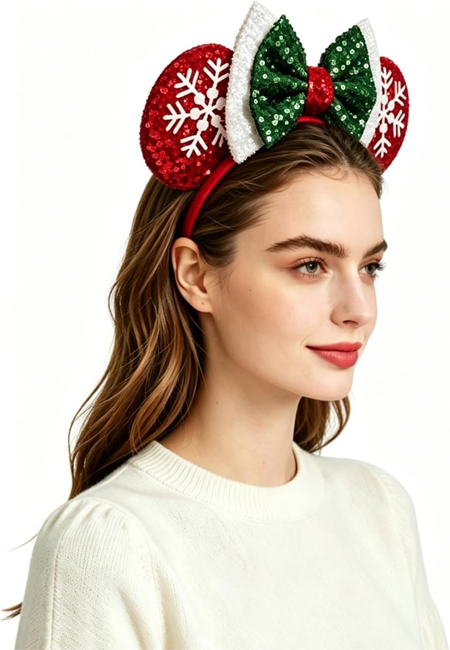 Christmas Mouse Ear Bow Headband Hair Hoop, Glitter Snowflake Hair bands for Christmas Party Supplies
