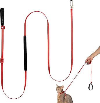 Ultra Lightweight Cat Leash Adjustable with Padded Handle, Soft Thin Nylon Cat Walking Training Waist Crossbody Leash for Kitten>4lbs Small Medium Large Cats Puppy, No Harness Vivid Red