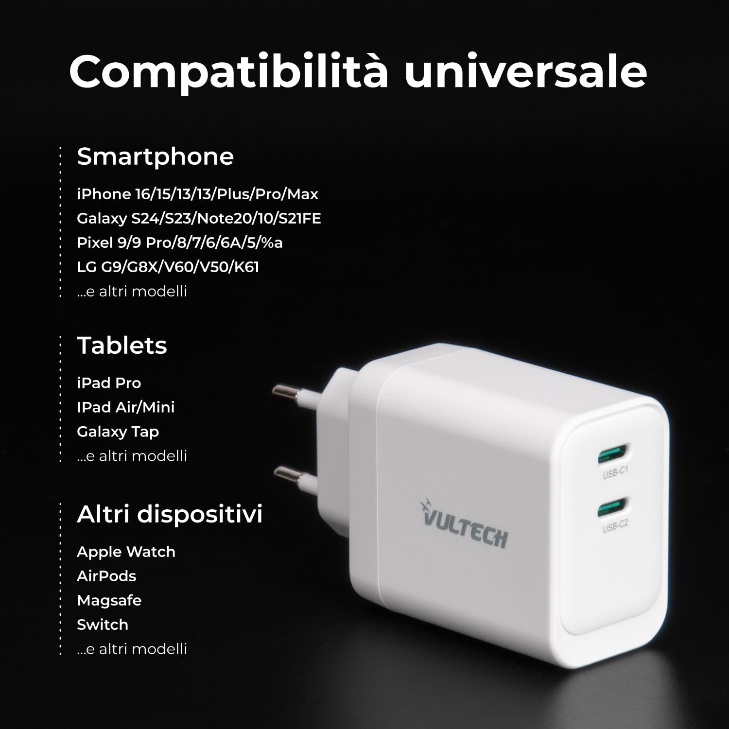 VulTech CC45-2C uniwersalna ładowarka 45 W GaN z 2 portami USB-C/Type-C PD3.0 QC3.0 PPS, kompatybilna ze smartfonami, tabletami i notebookami - biała, kompaktowa