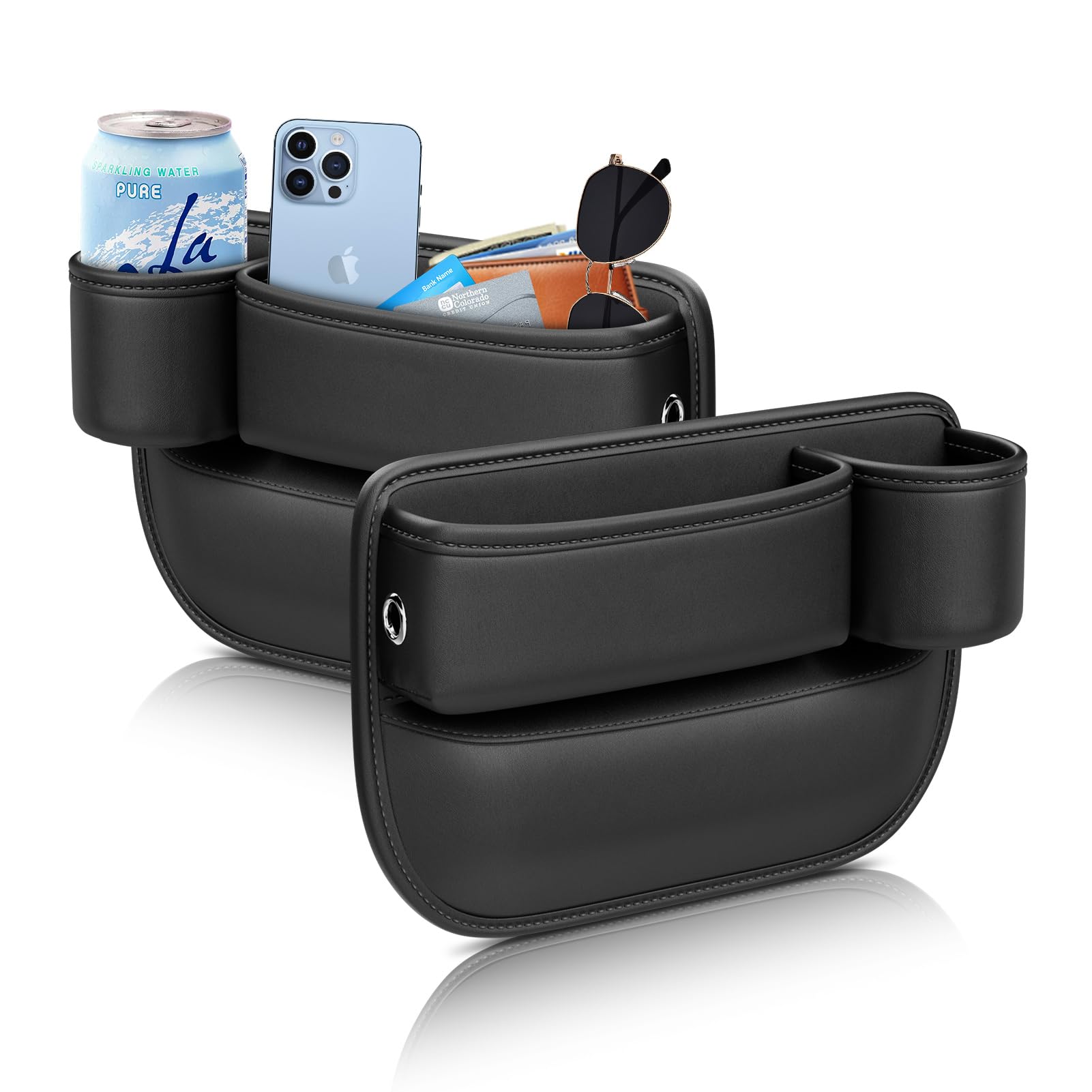 Convitex Car Seat Gap Filler Organizer with Cup Holder, 2 Pack Multifunctional PU Leather Car Seat Storage Box, Automotive Car Essentials for Most Vehicles