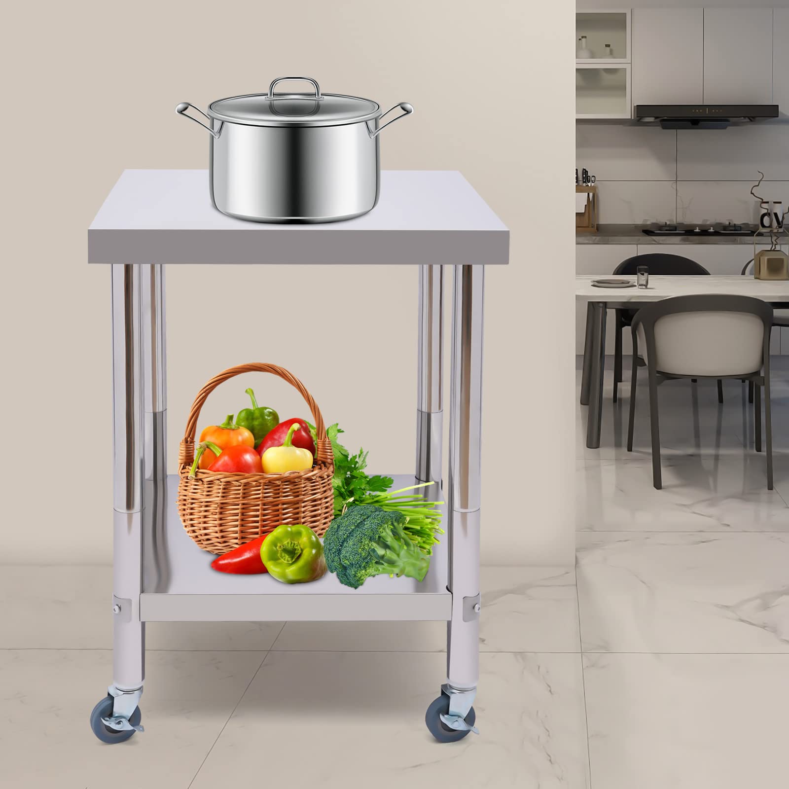 Tavolo da lavoro in acciaio inox, tavolo da cucina con 4 ruote (2 ruote freni), tavolo in acciaio inox, 60 x 60 x 85 cm, capacità di carico 300 kg, in acciaio inox