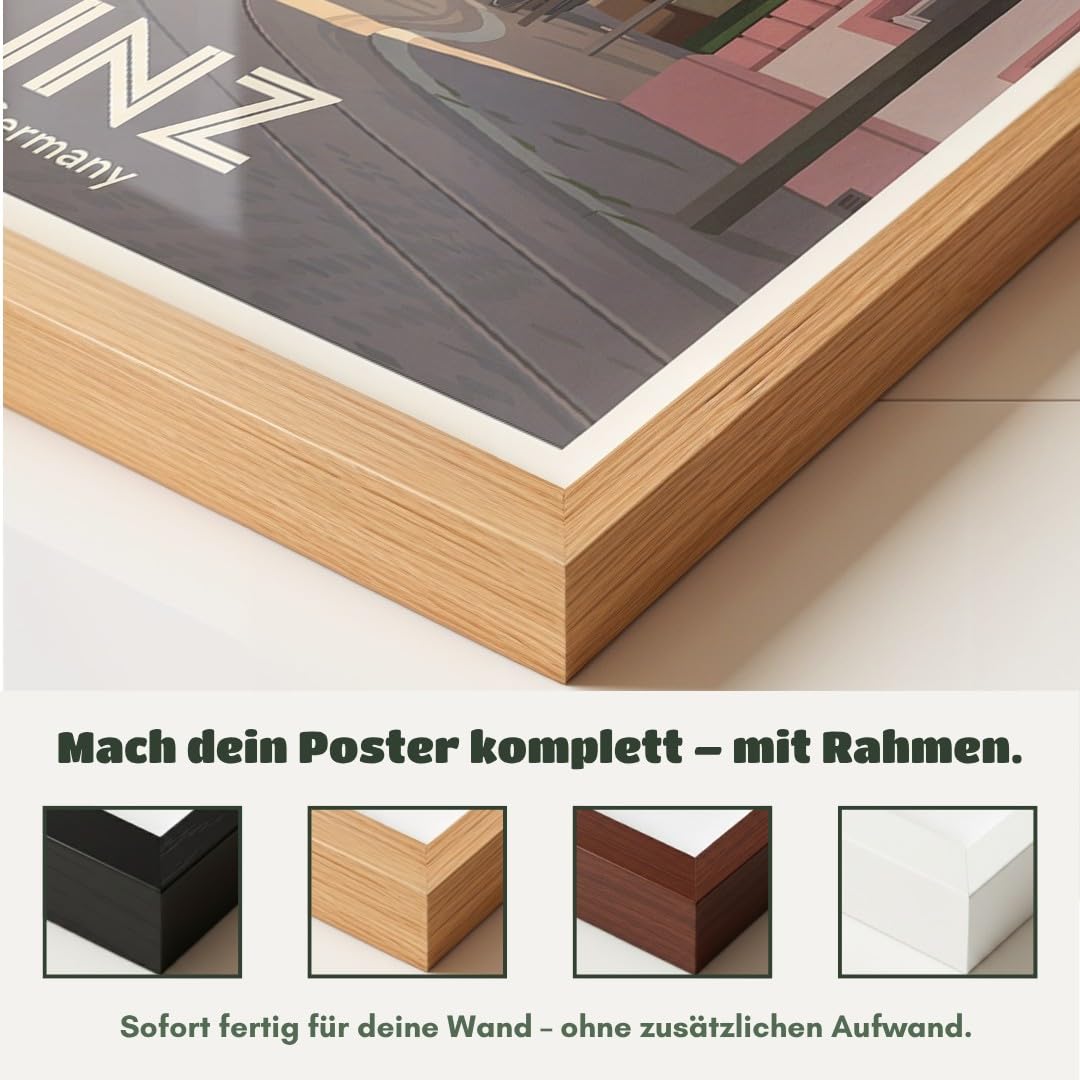 MJ-GRAPHICS® Kunstdruck Mainz Rheinhessen Tram Wandbild Architektur Stadt Pastellfarben Wohnzimmer Deko klassisch urban Fine Art Poster Straßenszene A2 mit beigem Rahmen