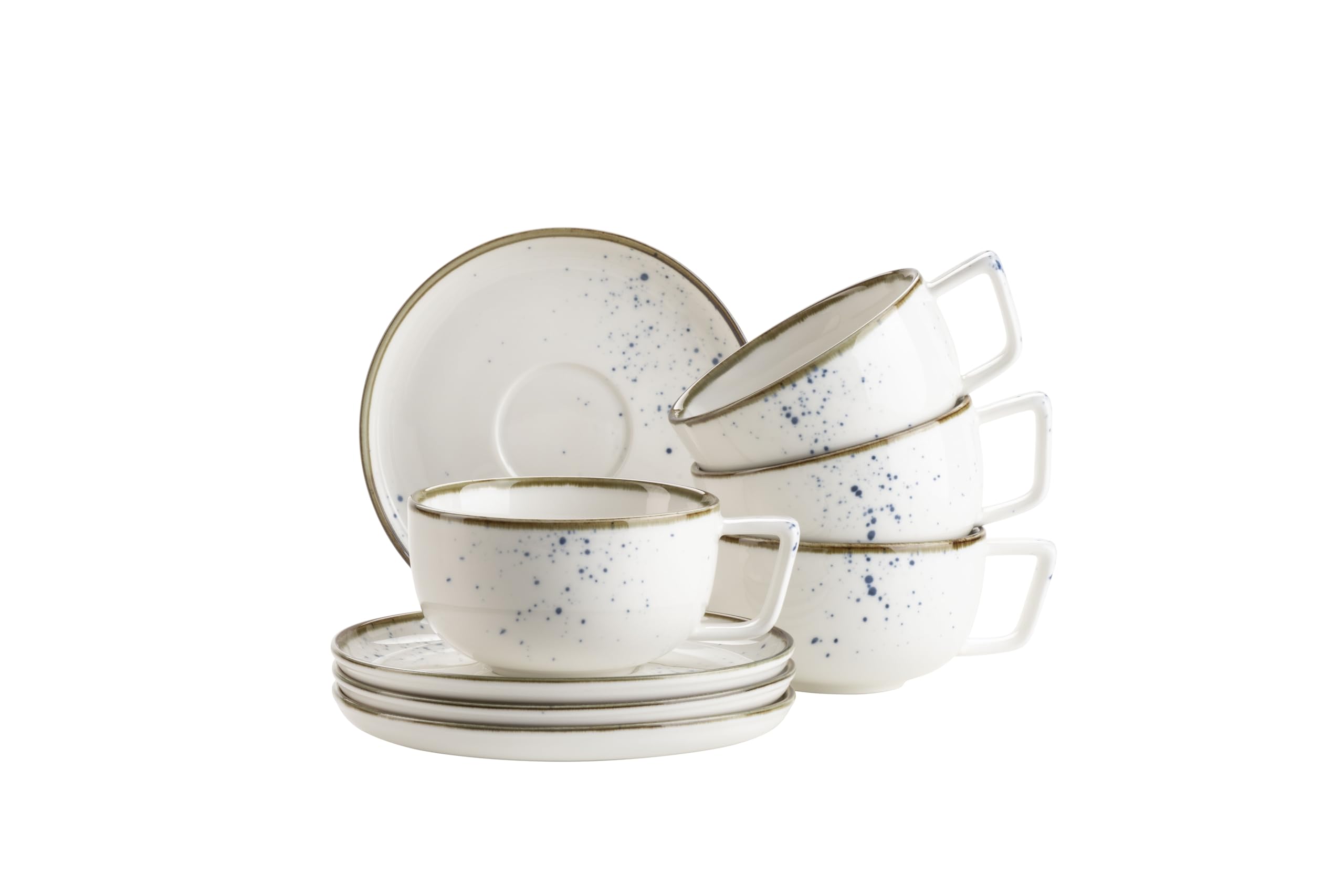 MÄSER Serie Pintar, set di tazze da caffè di alta qualità per 4 persone, servizio da 8 pezzi con smalto chiaro, macchie blu visive e bordo fine in stile vintage, fatto a mano, in porcellana