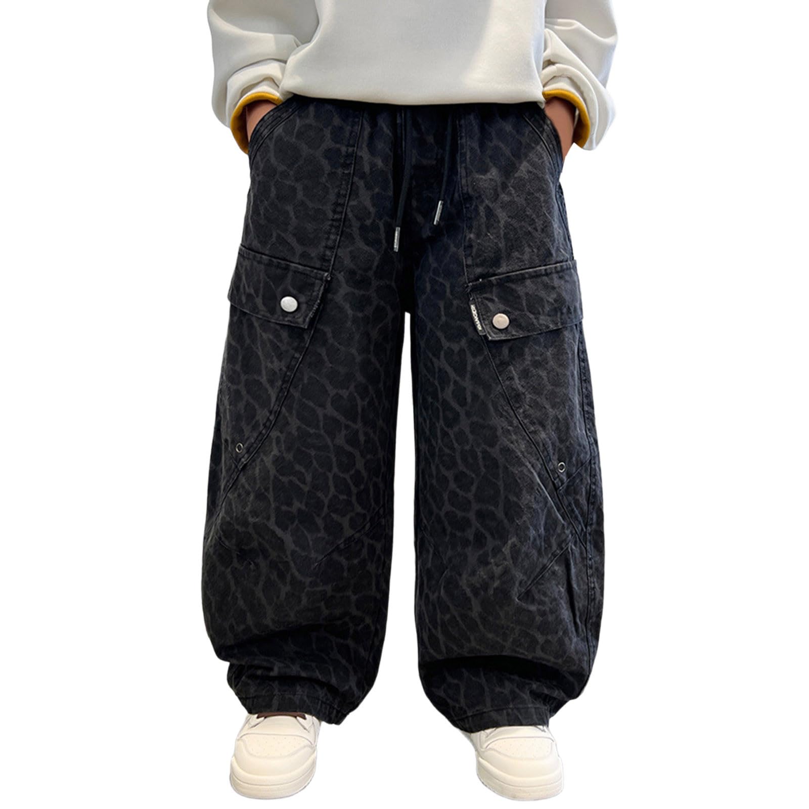 Genérico Vaqueros Niño Pantalones Cargo Baggy Jeans Estilo Y2k | Pantalones cargo con estampado de leopardo para niños, holgados, de pierna ancha, para niños grandes y adolescentes