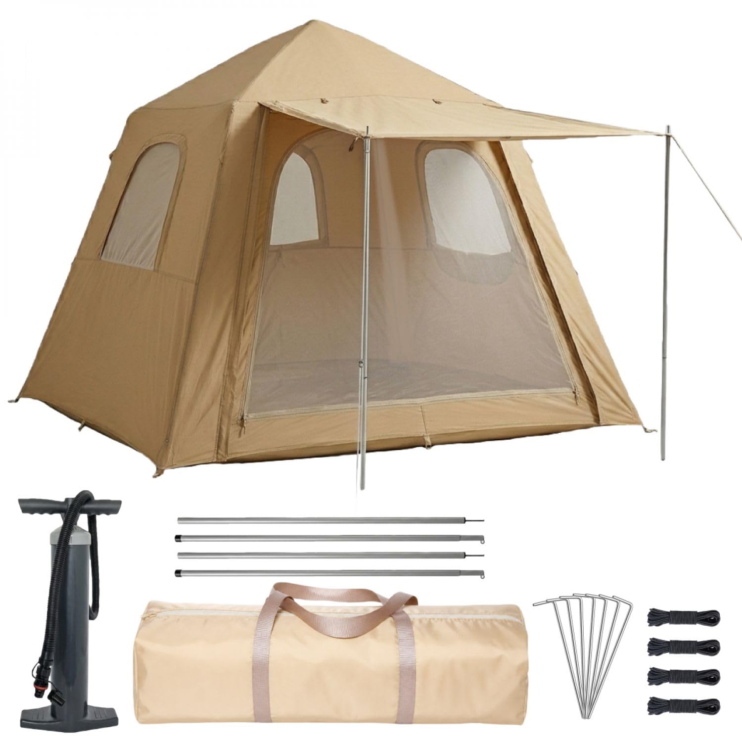 Linxor - Tente de Camping Gonflable 2 à 3 Personnes avec auvent, Pompe et Sac de Transport - 2.10 x 2.10 x 1.55 m - Beige