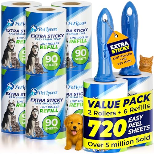 PetLovers Rullo stick mega value extra appiccicoso Set 720 fogli per rimozione peli di animali domestici rimozione di lanugine per cani e gatti 8 pezzi