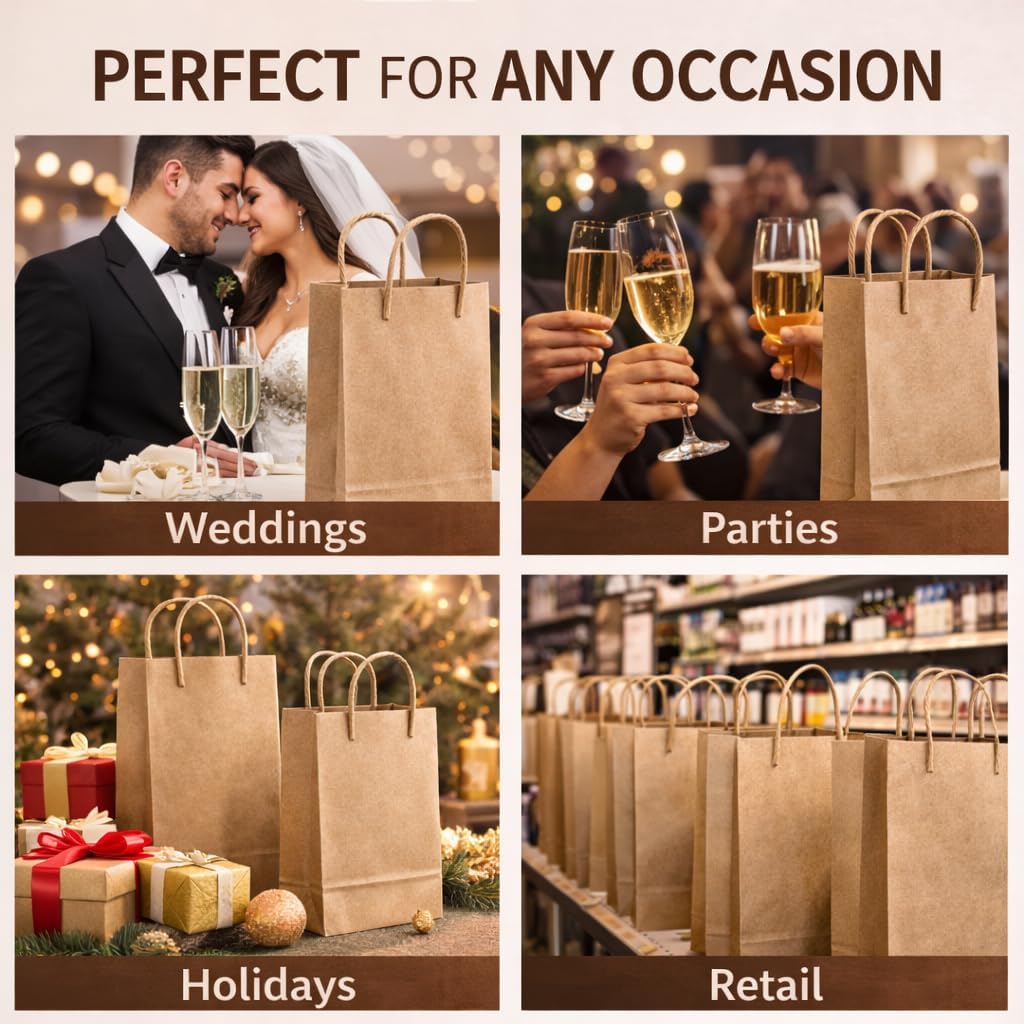 Kraft Wine Gift Bags with Handles – 50 Pack Brown Paper Wine Bottle Bags, 5.25" x 3.25" x 13" (Brown Kraft)
