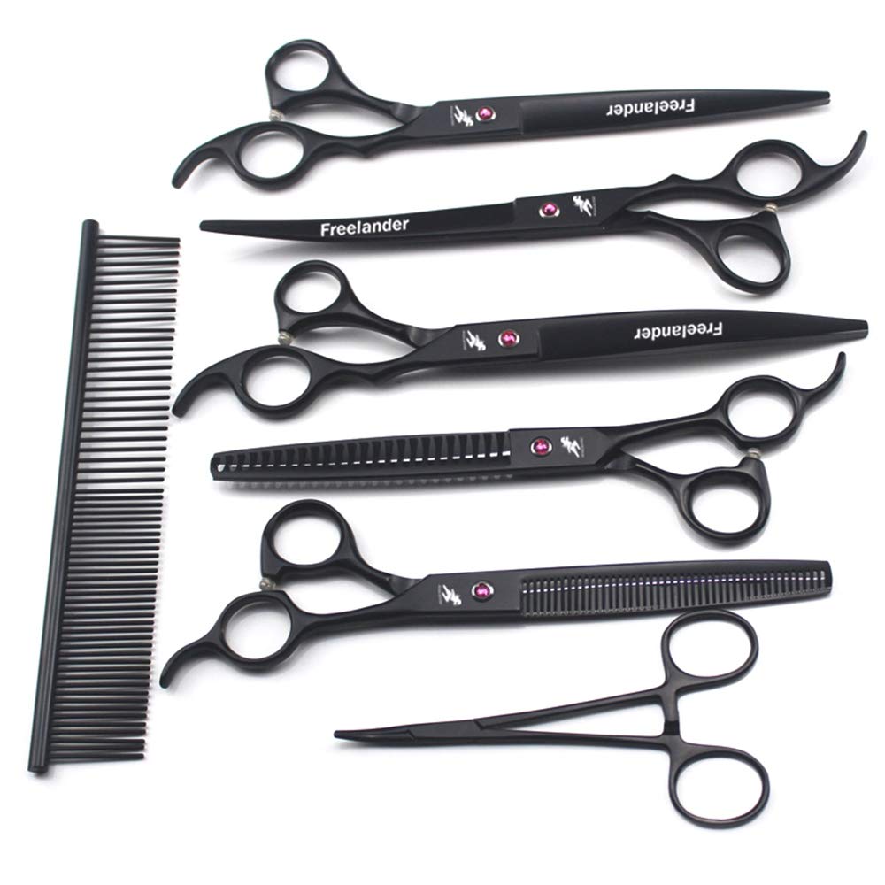 Freelander - Kit de tijeras para el cuidado de mascotas de 8.0 in, color negro, para perros o gatos, con tijeras de corte, tijeras de adelgazamiento, tijeras curvas, peine de aseo