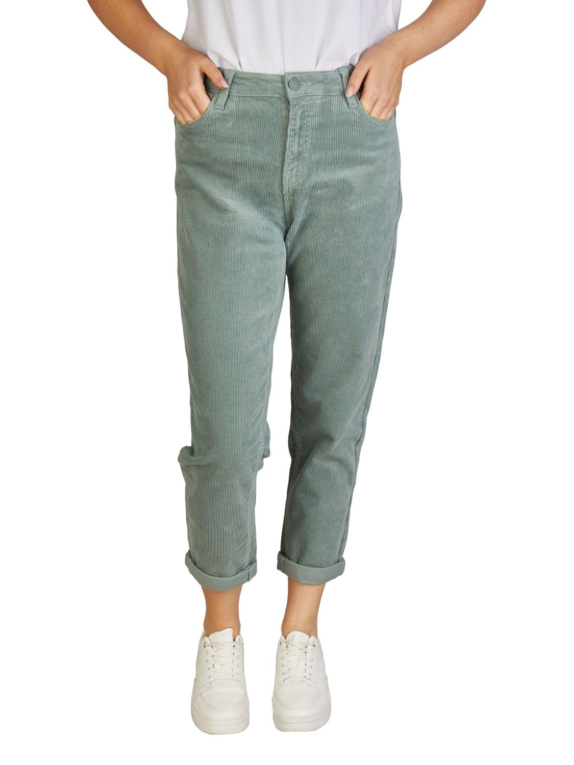 DENIMFY Cordhose Damen Mom Fit High Waist Gerades Bein Stretch DFLisa Cord Hose Pants Reißverschluss Taschen Einfarbig Grau Rose Blau Beige Grün S M L XL XXL