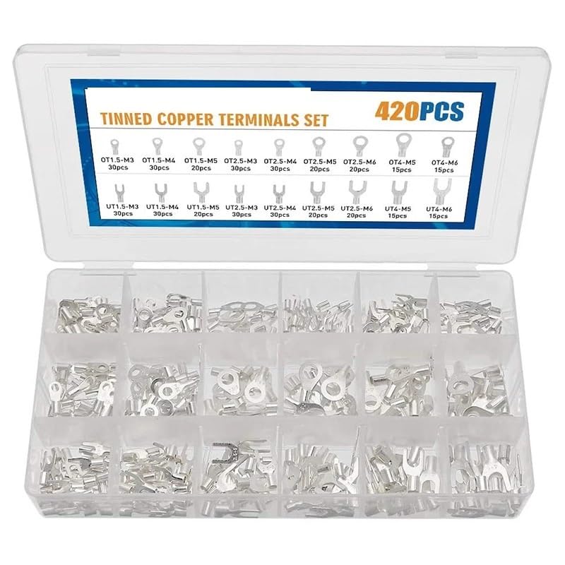 420 Stück Elektrische Drahtverbinder Kabelschuhe Set Crimpverbinder Versilbert Kupfer Ring Gabel Kabelschuhe M3 M4 M5 M6