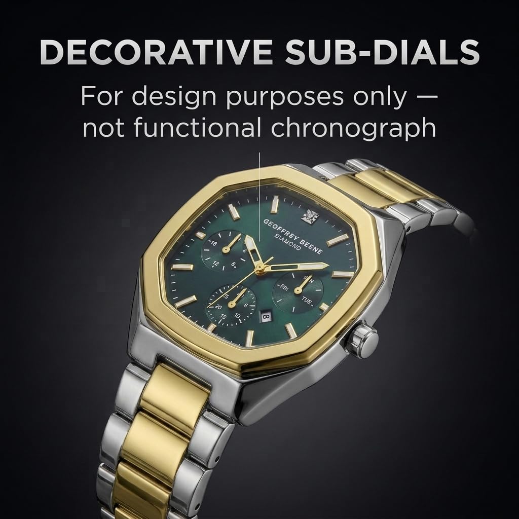 Geoffrey Beene Orologio da uomo in metallo, quadrante con diamanti autentici, al quarzo, datario, design elegante (argento)