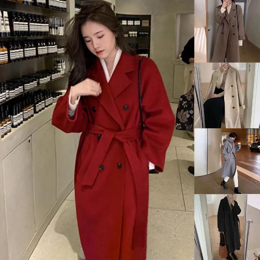 Trench mi-long en laine pour femme avec coupe ample et tissu épais, manteau adapté pour la rue décontractée et les fêtes