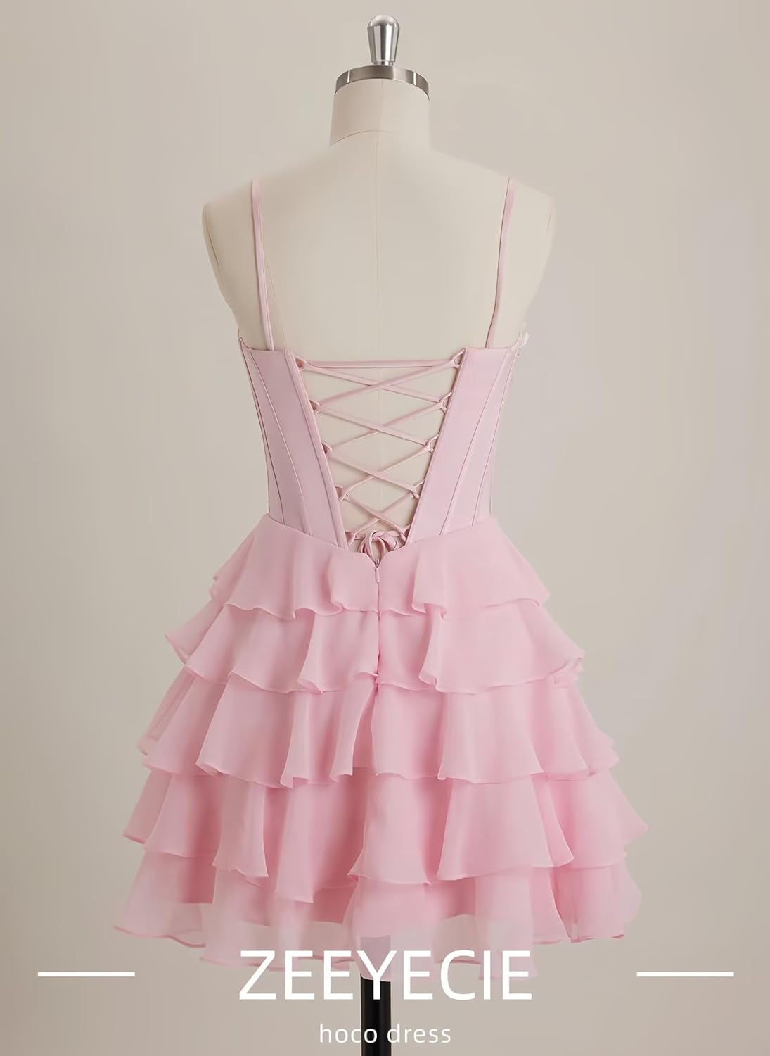 Zeeyecie Chiffon Tiered Homecoming Dresses| A-Line HOCO Dresses with 3D Floral Corset Sequined Beaded Short Prom Dresses