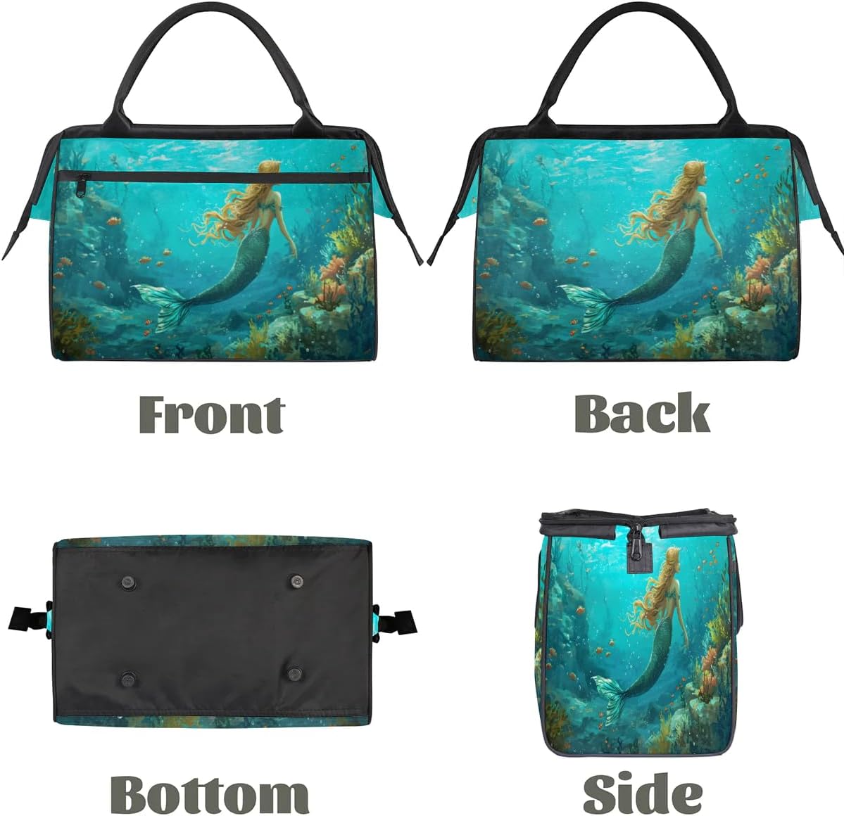 Cartoon Mermaid Underwater Fishes Travel Duffle Bag, Waterproof Duffel Bag Weekender Overnight Carry On Bag Lightweight Sport Gym Bag for Men Women