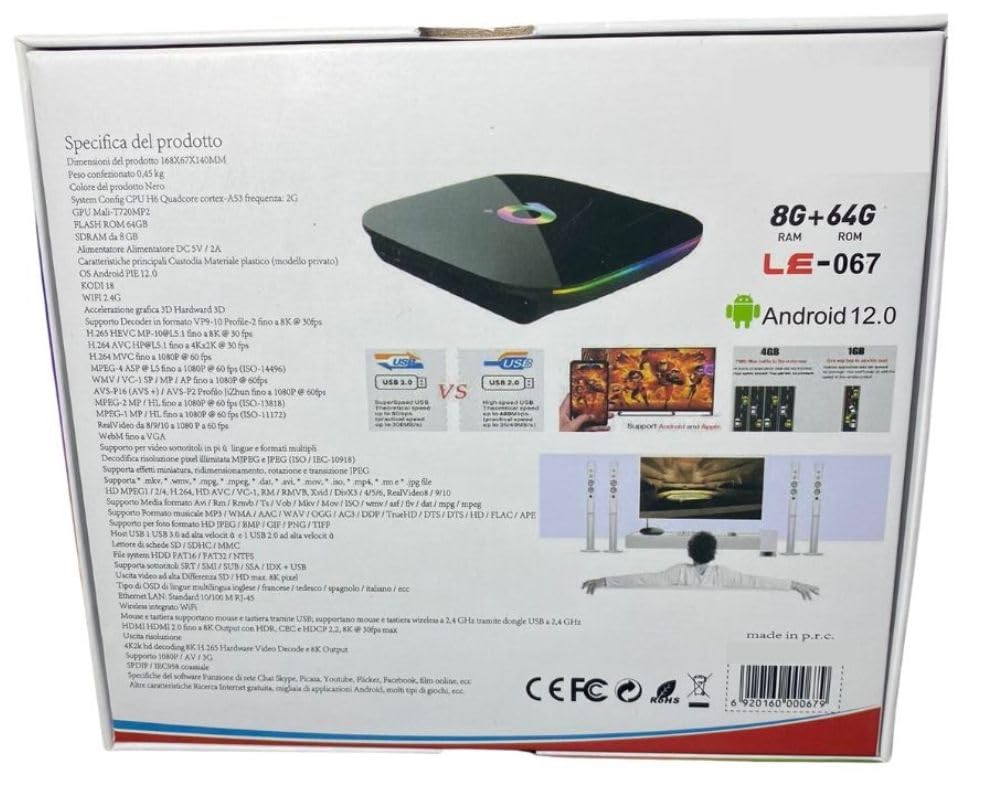 TV Smart Box Android 12.0 Q Plus 8K WiFi Media Player 3D Quad Core 8 Gb Ram 64 Gb Rom con Telecomando