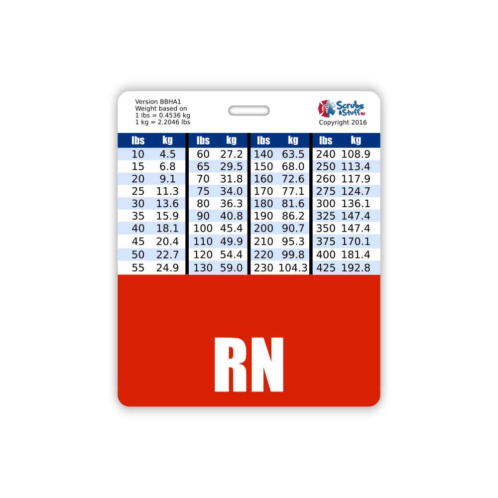 RN Badge Buddy Horizontal w/Height & Weight Conversion Charts (Oversized, Red)