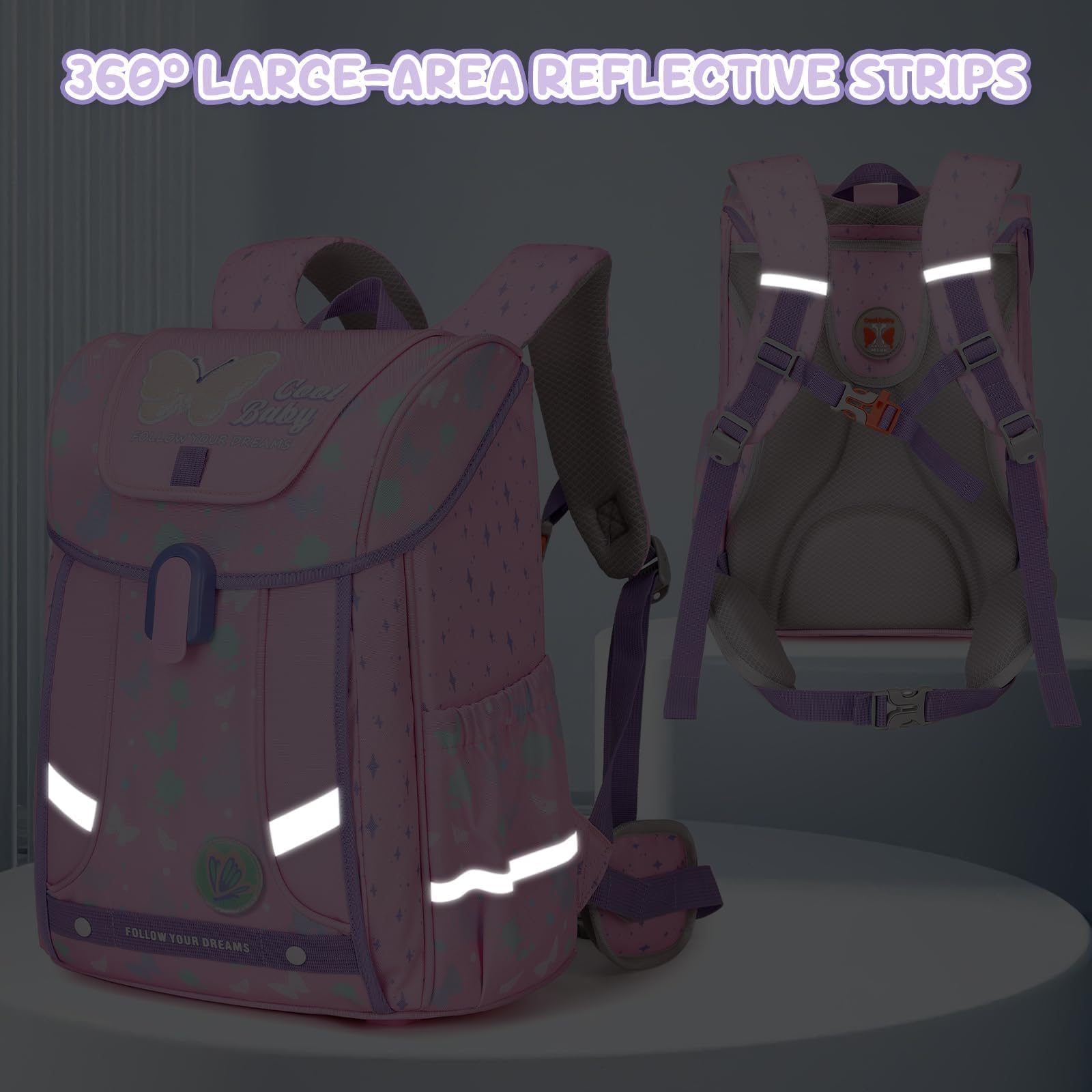Amythe Set 4-teilig Schulranzen Mädchen Ergonomischer, Schulrucksack Mädchen der ab 1. Klasse, Rucksack Kinder mit Brustgurt, Reflektoren, Abnehmbarer Gürtel, Schmetterlingsmotiv