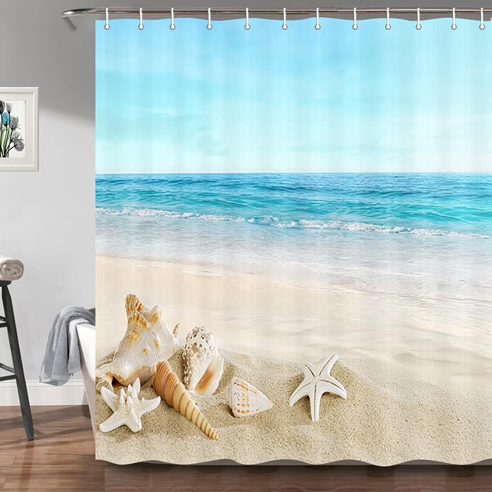 JAWO Starfish Beach Theme Shower Curtain Fabric, Tropical Sea Waves Seashell Conch Hawaiian Seaside Scene, Ocean View Cloth Shower Curtains No Smell with 12 Rustproof Grommet Holes, 69x70 Inches
