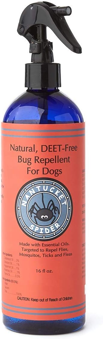 Nantucket Spider Natural Bug Repellent for Dogs | DEET-Free with Organic Essential Oils | Repels Mosquito, Flies, Ticks and Fleas | Non-Greasy Insect Spray with Thyme Oil | Large Size - 16 fl oz