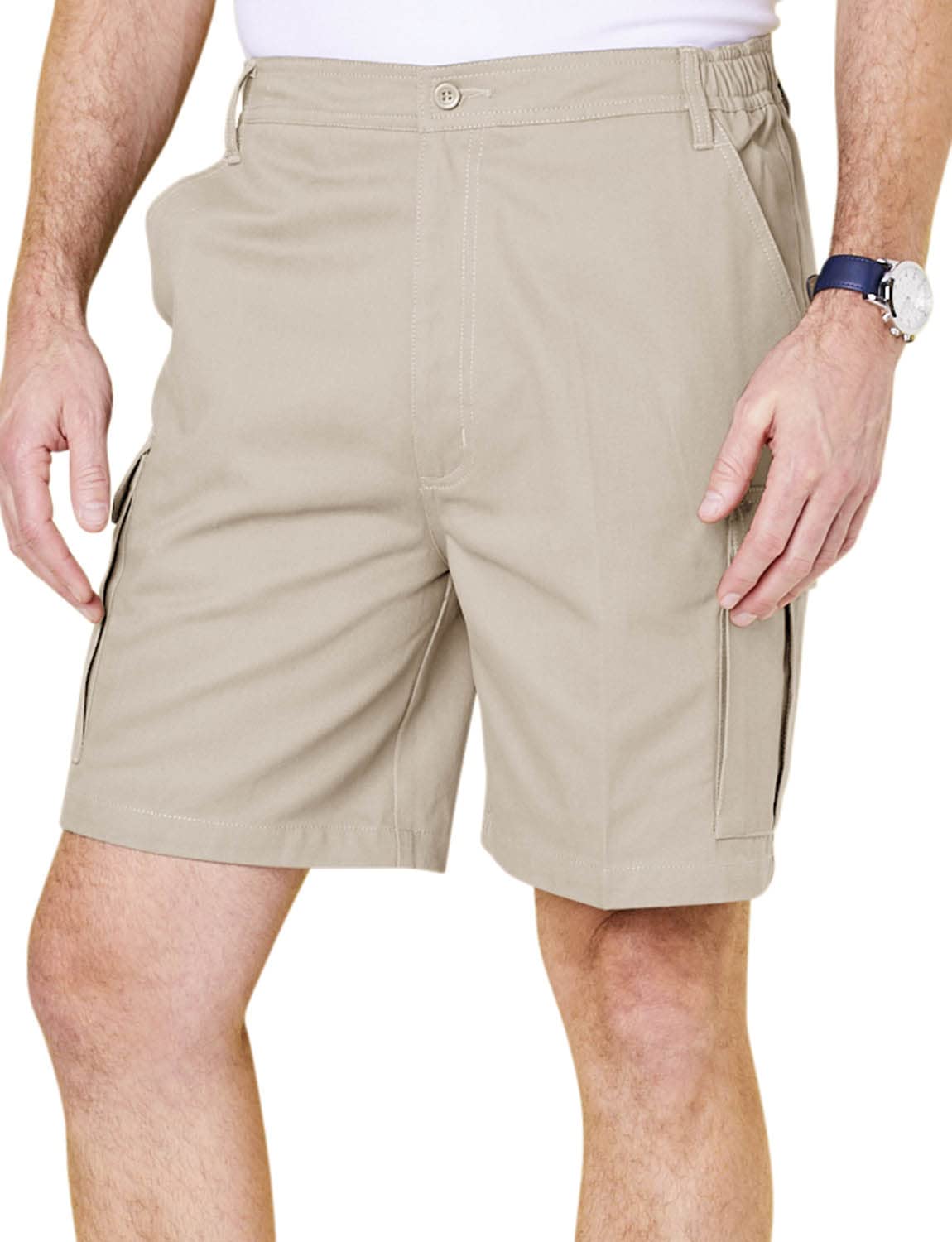 Chums Men's Cotton Cargo Shorts with Side Elastic Waist with Classic Belt Loops & Button Flap Pockets, Soft Breathable 100% Cotton Stone 44